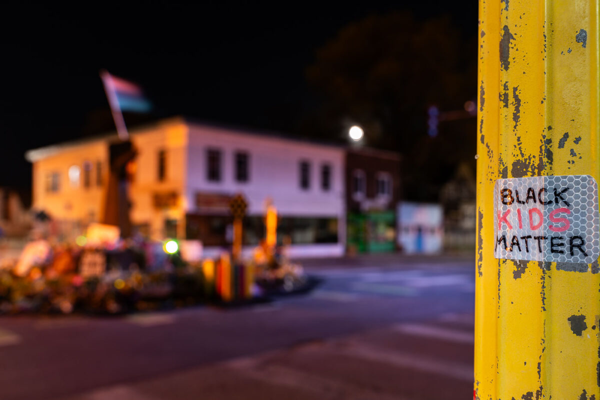 A sticker on a light pole inside George Floyd Square in South Minneapolis.