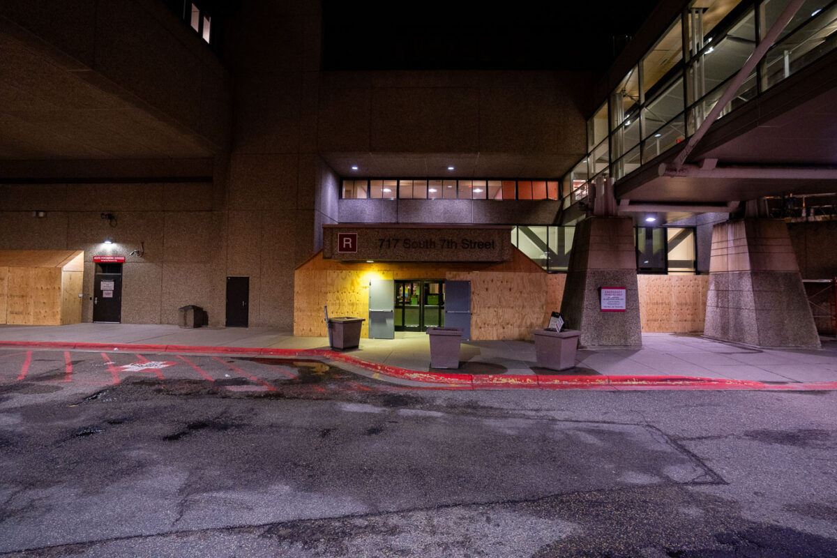 Boarded up windows at Hennepin County Medical Center during the Derek Chauvin murder trial.