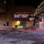 Boarded up windows at Hennepin County Medical Center during the Derek Chauvin murder trial.