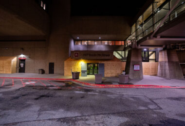 Boarded up windows at Hennepin County Medical Center during the Derek Chauvin murder trial.
