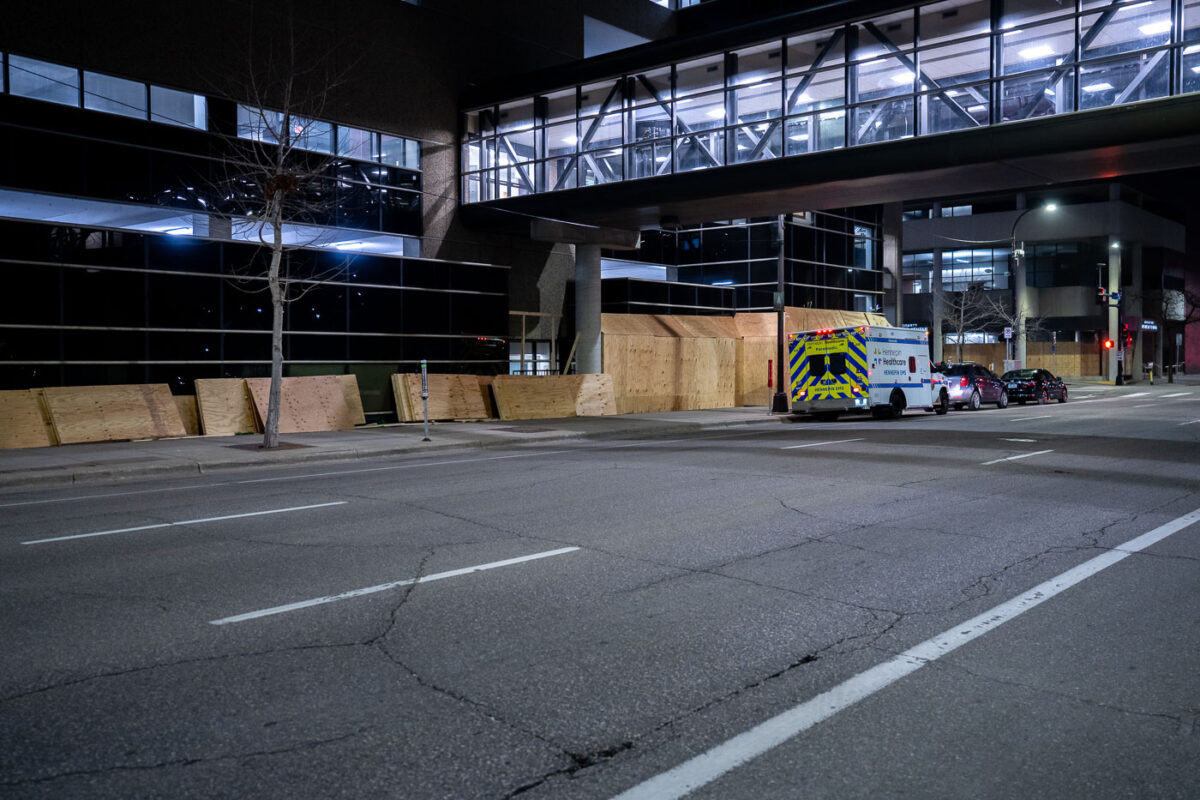 Boards going up at the Hennepin County Medical Center.