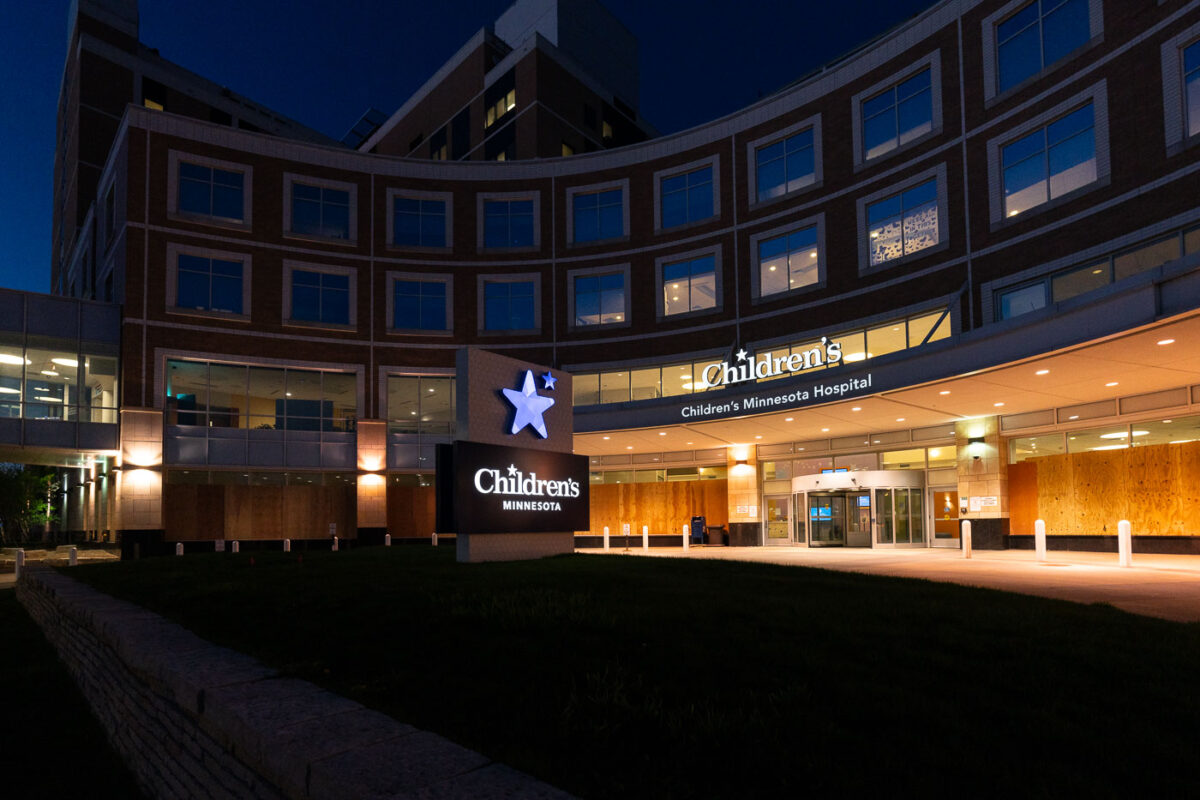 Boards installed on the Children's Minnesota Hospital in South Minneapolis in preparation for possible unrest during the Derek Chauvin murder trial.