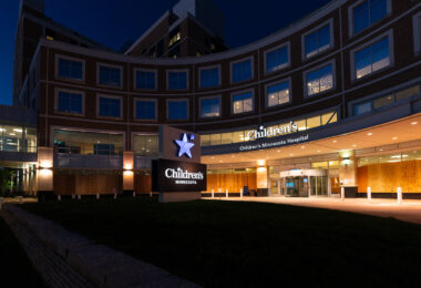 Boards installed on the Children's Minnesota Hospital in South Minneapolis in preparation for possible unrest during the Derek Chauvin murder trial.