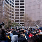 Brandyn Tulloch talks to the crowd gathered outside the Hennepin County Government Center after notice being given that a verdict in the Derek Chauvin murder trial would be read within 2 hours. Chauvin is charged in the May 25th, 2020 death of George Floyd.