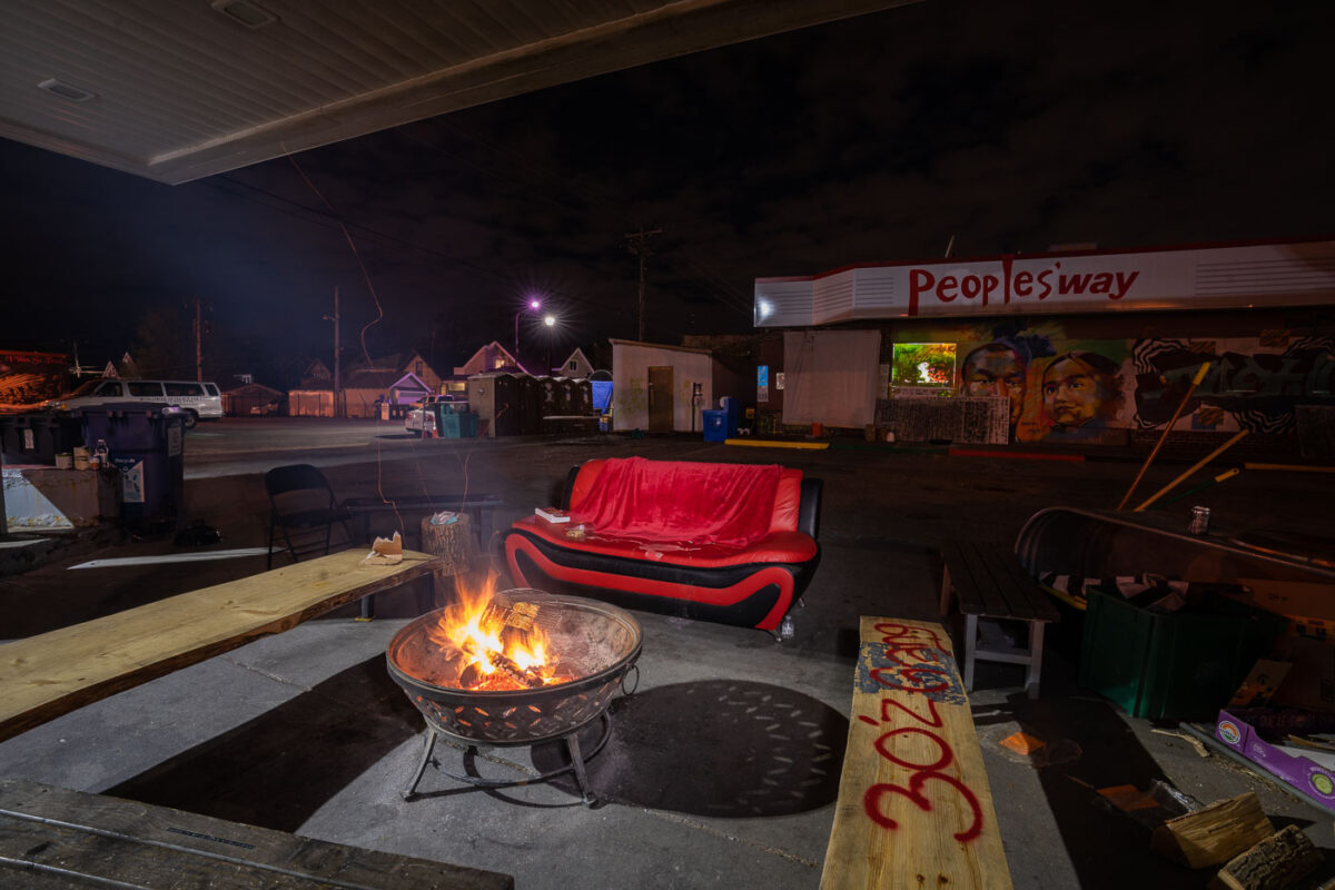 George Floyd Square late night camp fire in April 2011. The area continues to be a place of protest.