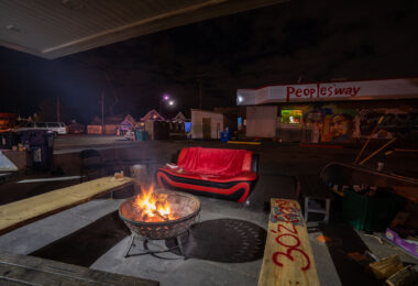 George Floyd Square late night camp fire in April 2011. The area continues to be a place of protest.