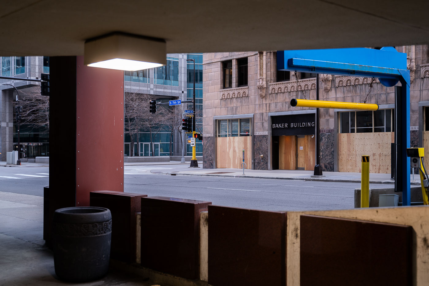 Downtown Minneapolis boarded up during the Derek Chauvin murder trial.