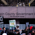 A crowd gathers outside the Hennepin County Government Center after notice being given that a verdict in the Derek Chauvin murder trial would be read within 2 hours. Chauvin is charged in the May 25th, 2020 death of George Floyd.