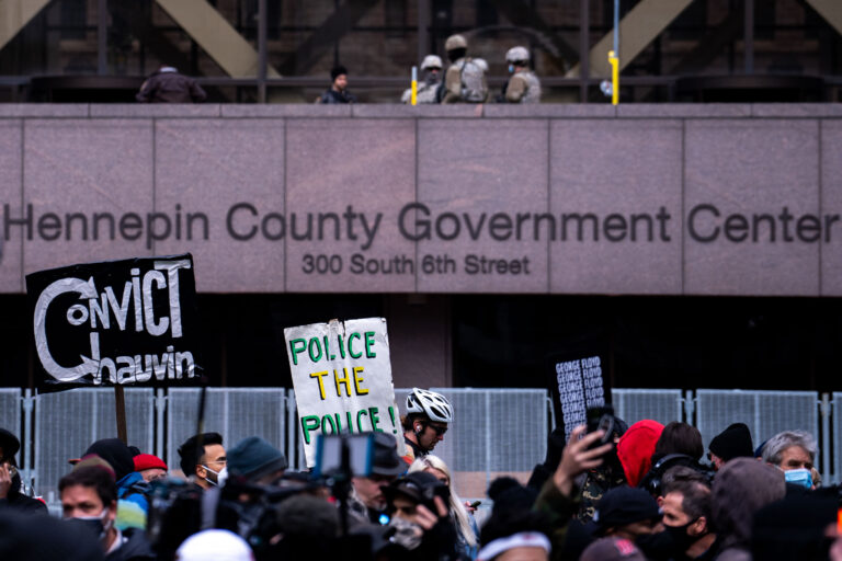 CONVICT CHAUVIN, POLICE THE POLICE 1 A crowd gathers outside the Hennepin County Government Center after notice being given that a verdict in the Derek Chauvin murder trial would be read within 2 hours. Chauvin is charged in the May 25th, 2020 death of George Floyd.