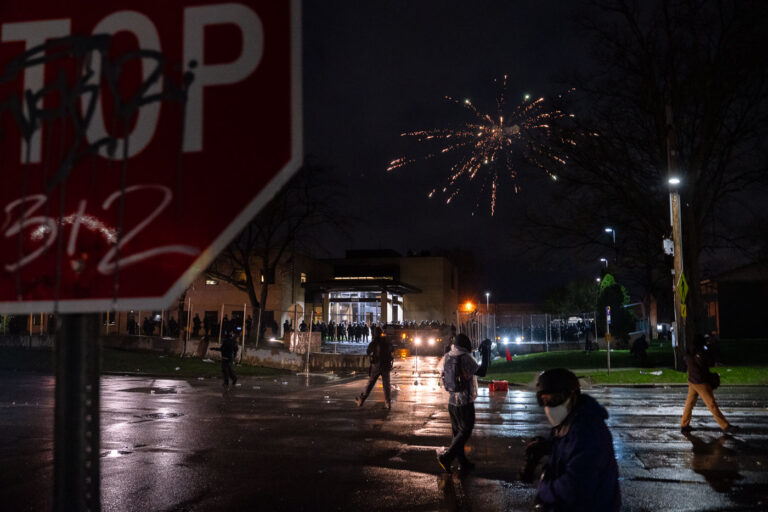 Daunte Wright protesters and fireworks 3 Protesters gather at the Brooklyn Center Police Department after 20-year old Daunte Wright was shot and killed by a Brooklyn Center Police on April 11th, 2020.