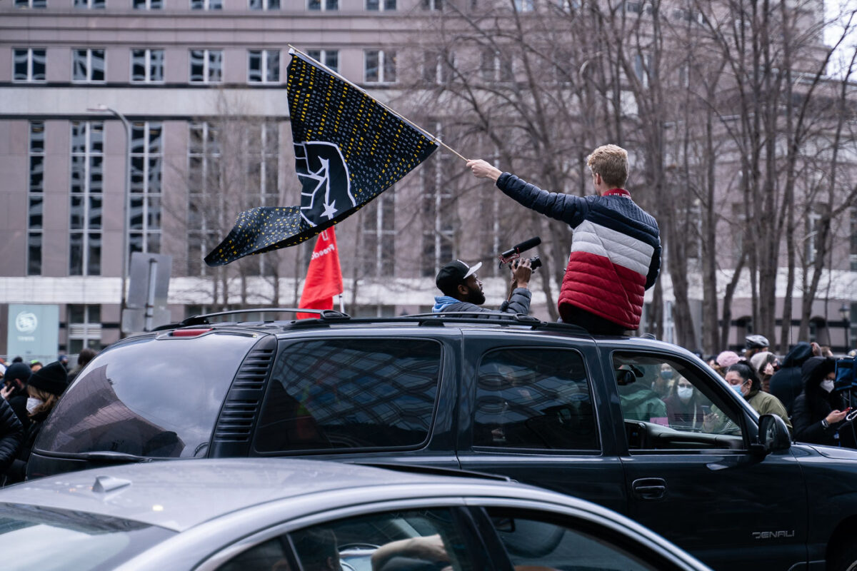 A crowd gathered outside the Hennepin County Government Center celebrates the guilty verdict in the Derek Chauvin murder trial. Chauvin was found guilty on all 3 counts.