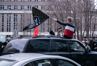 A crowd gathered outside the Hennepin County Government Center celebrates the guilty verdict in the Derek Chauvin murder trial. Chauvin was found guilty on all 3 counts.