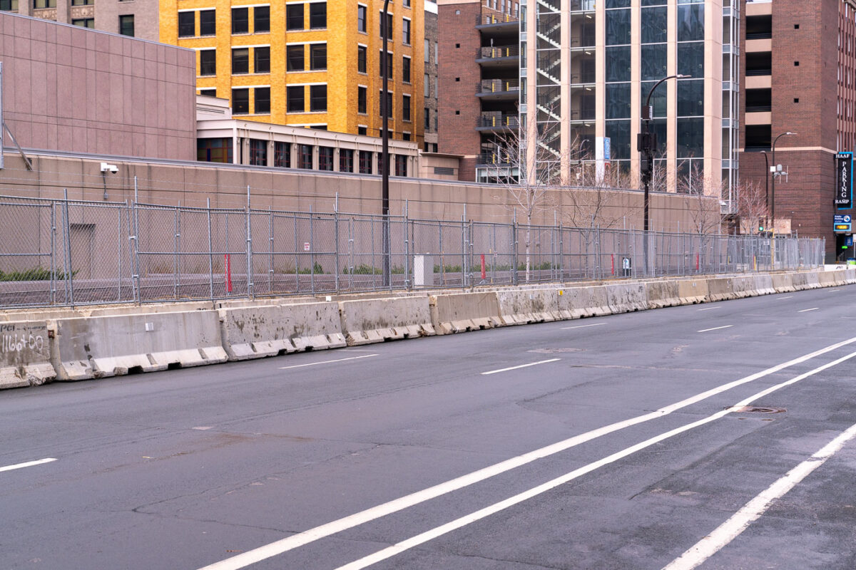 United States Federal courthouse behind barricades and fencing during the Derek Chauvin murder trial.