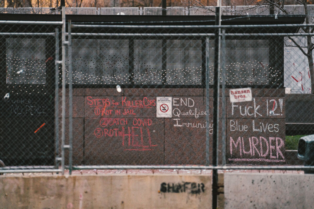 Chalk graffiti on a Hennepin County Government Center building. Derek Chauvin is currently on trial for the May 25, 2020 murder of George Floyd.