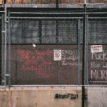 Chalk graffiti on a Hennepin County Government Center building. Derek Chauvin is currently on trial for the May 25, 2020 murder of George Floyd.