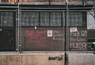 Chalk graffiti on a Hennepin County Government Center building. Derek Chauvin is currently on trial for the May 25, 2020 murder of George Floyd.