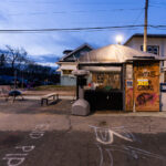 The warming station and street barricade at George Floyd Square in April 2021.