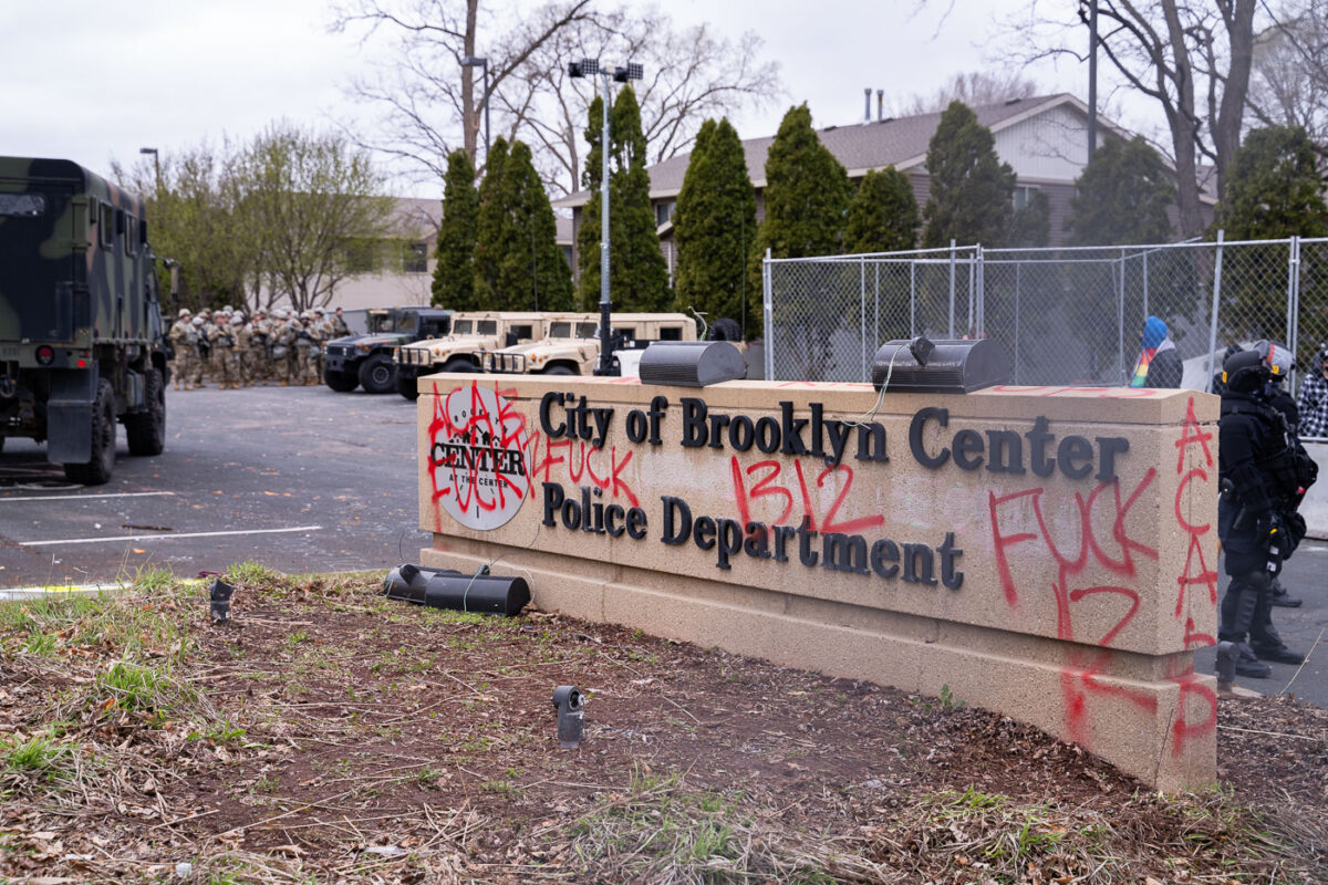 Brooklyn Center Police, Hennepin County Sheriffs, Minnesota State Patrol and the National Guard surround the police station as the community gathers to protest the death of 20-year old Daunte Wright. Wright was shot and killed by Brooklyn Park Police officer Kim Potter during a traffic stop on April 11th.