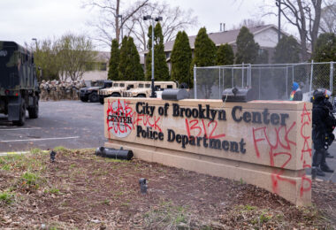 Brooklyn Center Police, Hennepin County Sheriffs, Minnesota State Patrol and the National Guard surround the police station as the community gathers to protest the death of 20-year old Daunte Wright. Wright was shot and killed by Brooklyn Park Police officer Kim Potter during a traffic stop on April 11th.