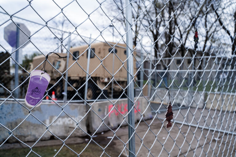 Heavily fortified Brooklyn Center Police Station 3 Protesters gather for the 5th straight day at the Brooklyn Center Police Department after 20-year old Daunte Wright was shot and killed by a Brooklyn Center Police on April 11th, 2020. Air fresheners hang from fencing signifying reports that Wright was pulled over for having an air freshener hanging from his mirror.