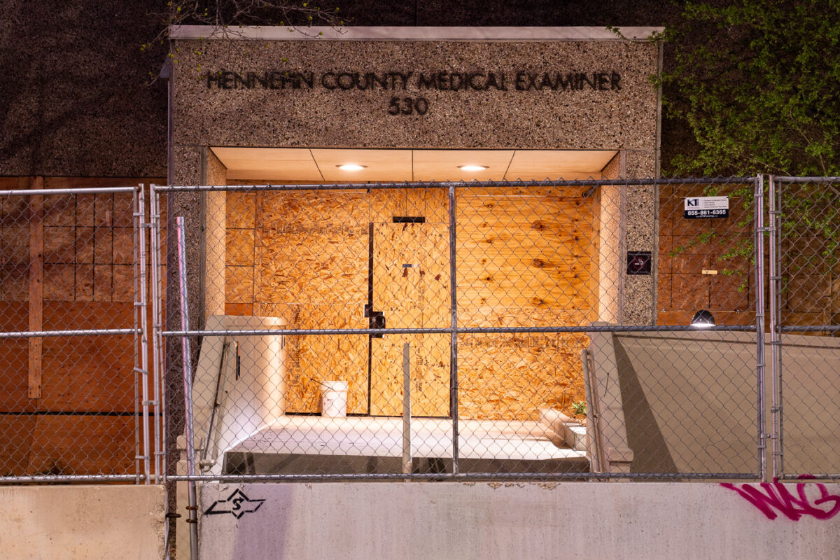 Security fencing around the Hennepin County Medical Examiner's office as the Chauvin trial begins.