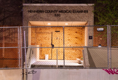 Security fencing around the Hennepin County Medical Examiner's office as the Chauvin trial begins.