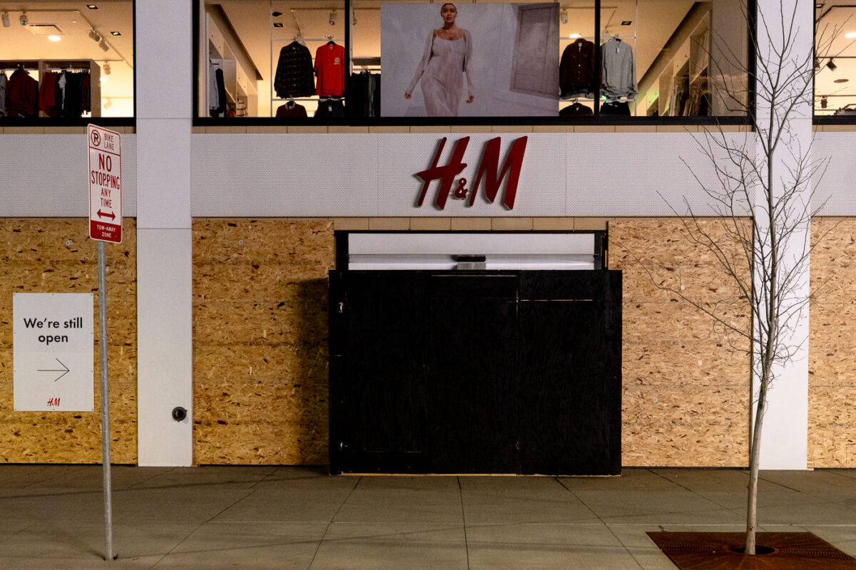 The H&M Store at Hennepin Ave in Minneapolis boarded up over possible unrest over the Derek Chauvin murder trial.