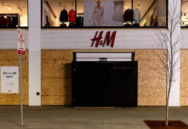 The H&M Store at Hennepin Ave in Minneapolis boarded up over possible unrest over the Derek Chauvin murder trial.