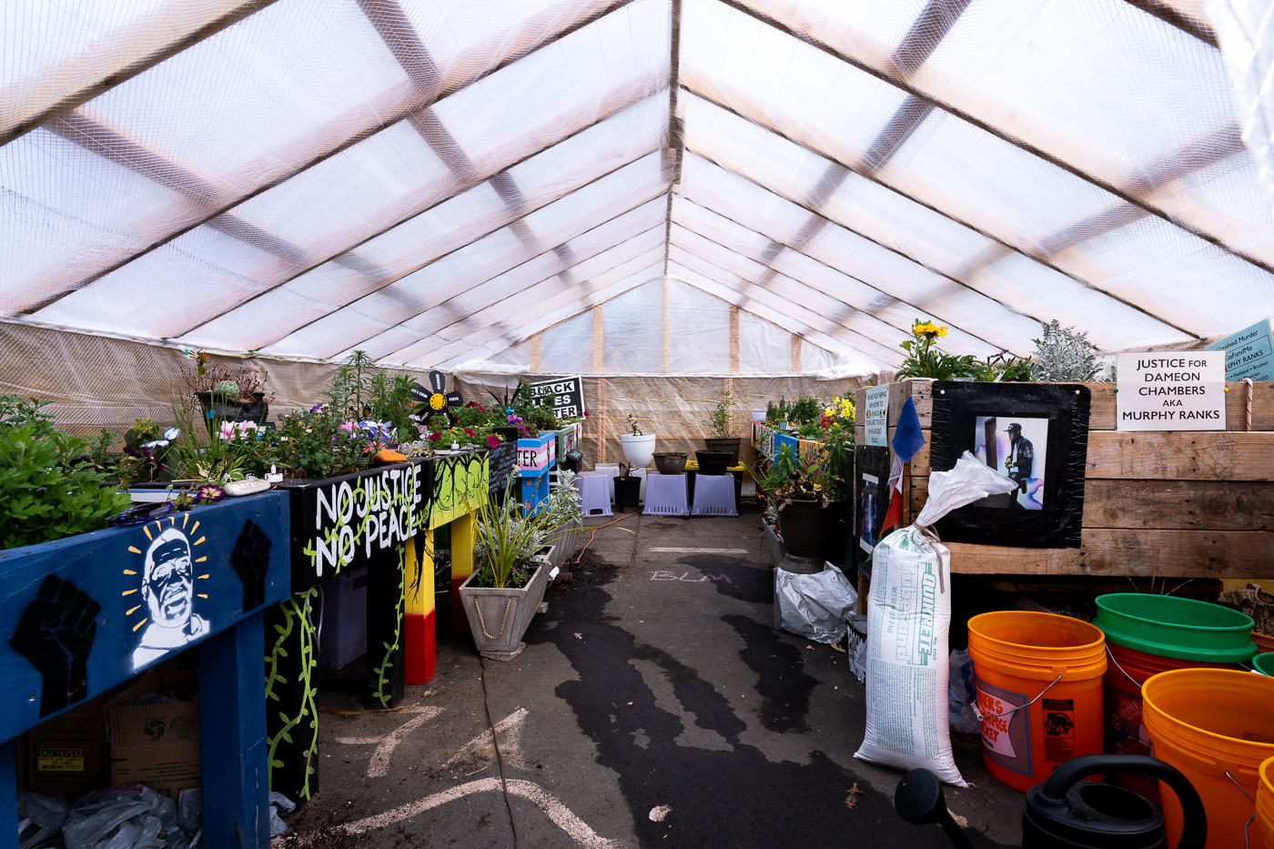 The greenhouse at George Floyd Square where plants were kept from the memorial through the winter. They've since been brought back out into the square.