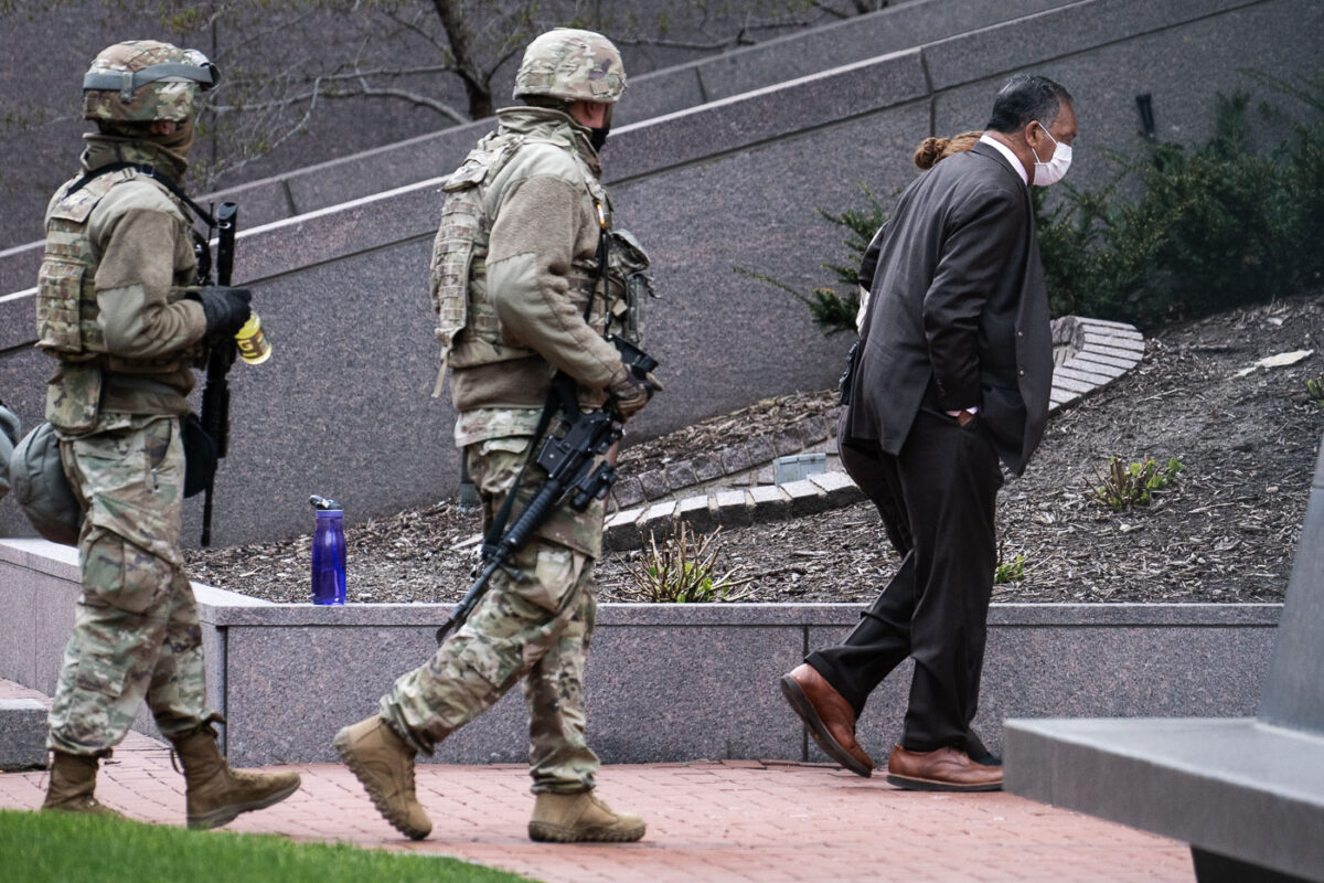 Rev. Jesse Jackson arrives at the Hennepin County Courthouse just prior to a verdict being read in the Derek Chauvin murder trial. Chauvin is charged in the May 25th, 2020 death of George Floyd.