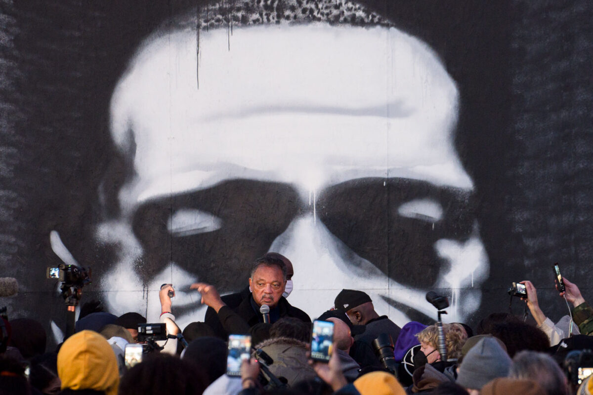 Jesse Jackson speaks to the crowd gathered at George Floyd Square in South Minneapolis. The Square has been a place of protest since the May 2020 killing of George Floyd by the Minneapolis police.