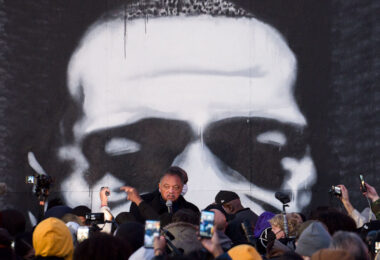 Jesse Jackson speaks to the crowd gathered at George Floyd Square in South Minneapolis. The Square has been a place of protest since the May 2020 killing of George Floyd by the Minneapolis police.