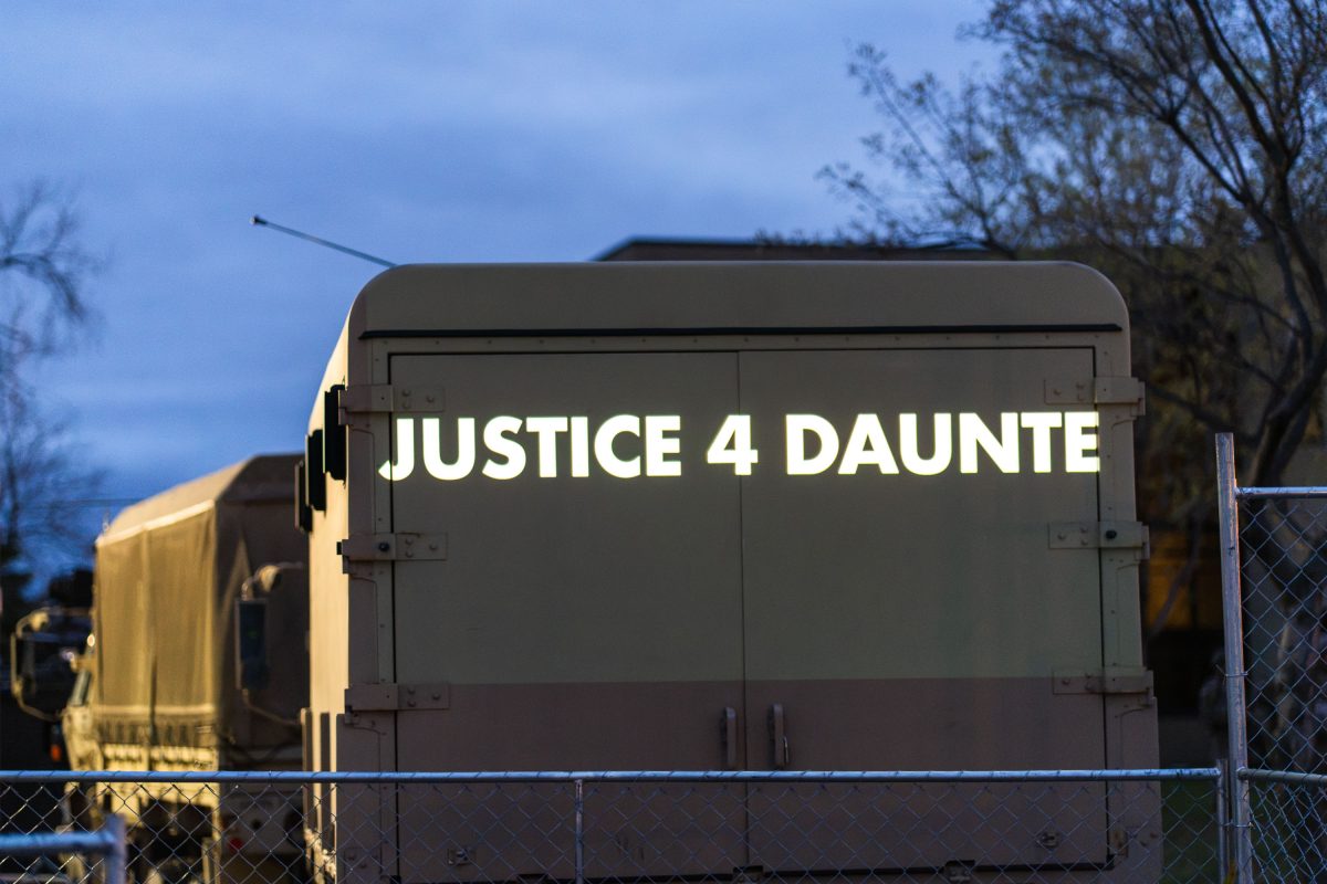 Justice 4 Daunte Wright Projection on National Guard vehicle
