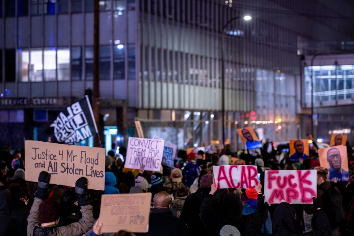 Protesters march through downtown Minneapolis during the Derek Chauvin murder trial.