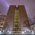 The skies over Hennepin County Government Center lit up by lightning. The heavily guarded and fortified courthouse in Downtown Minneapolis is where the Derek Chauvin murder trial is taking place. Chauvin is charged in the May 25th, 2020 murder of George Floyd.