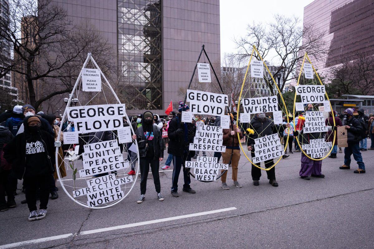 Demonstrators outside of the Hennepin County Government center preparing to march the day before the verdict was read in the Derek Chauvin murder trial.