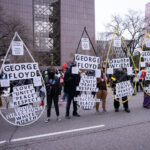 Demonstrators outside of the Hennepin County Government center preparing to march the day before the verdict was read in the Derek Chauvin murder trial.