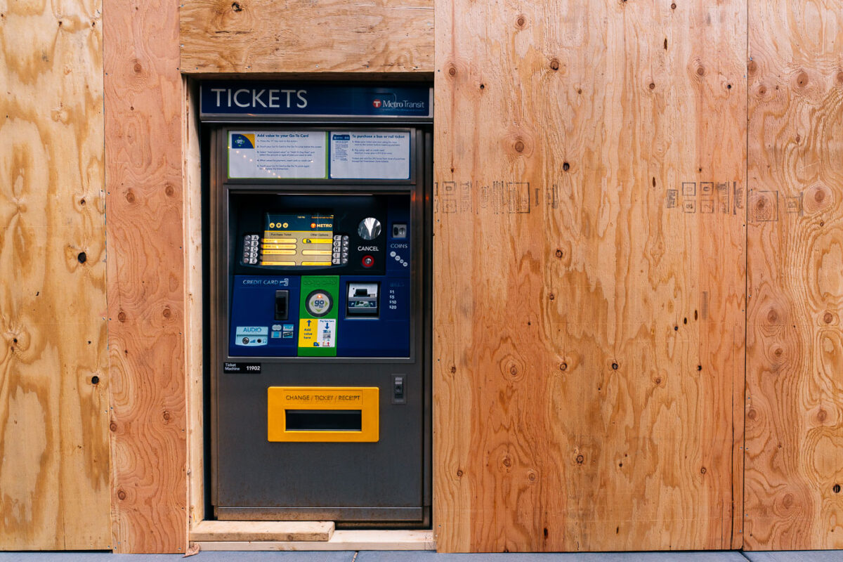 A Metro Transit ticket machine on Marquette Ave during the Derek Chauvin murder trial.