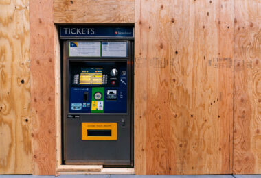 A Metro Transit ticket machine on Marquette Ave during the Derek Chauvin murder trial.