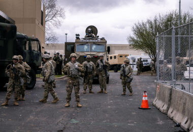 Brooklyn Center Police, Hennepin County Sheriffs, Minnesota State Patrol and the National Guard surround the police station as the community gathers to protest the death of 20-year old Daunte Wright. Wright was shot and killed by Brooklyn Park Police officer Kim Potter during a traffic stop on April 11th.