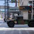 A Minnesota National Guard vehicle parked on Nicollet Mall in Downtown Minneapolis.