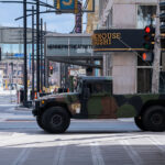 A Minnesota National Guard vehicle parked on Nicollet Mall in Downtown Minneapolis.