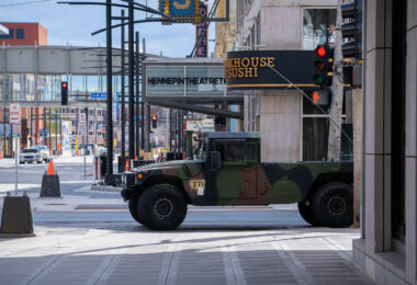 A Minnesota National Guard vehicle parked on Nicollet Mall in Downtown Minneapolis.