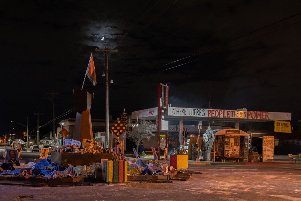 George Floyd Square on the evening after the Derek Chauvin murder case was handed over to the jury. This 4 block area has been community controlled since George Floyd's May 25th, 2020 murder.