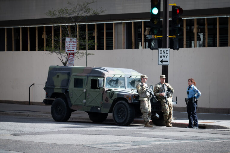 National Guard and Minneapolis Police stationed downtown 1 National Guard deployment in Minneapolis preparing for the end of the Derek Chauvin murder trial. Chauvin is charged with killing George Floyd on May 25th, 2020.