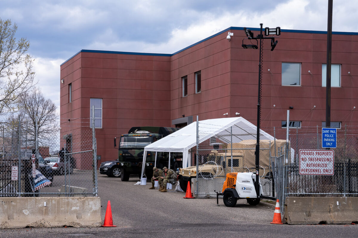 The National Guard at the fortified St. Paul Police Western District station.