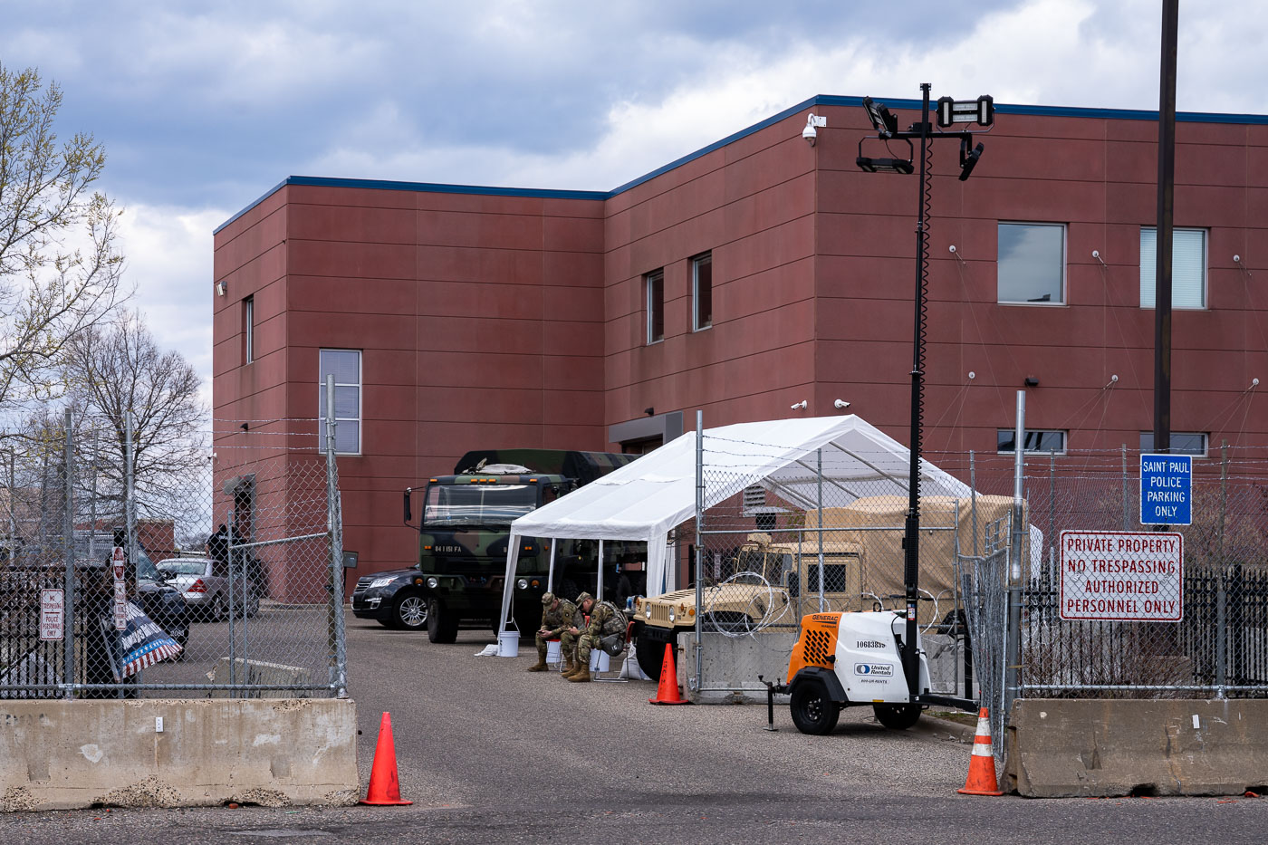 National Guard and razor wire at St Paul police station