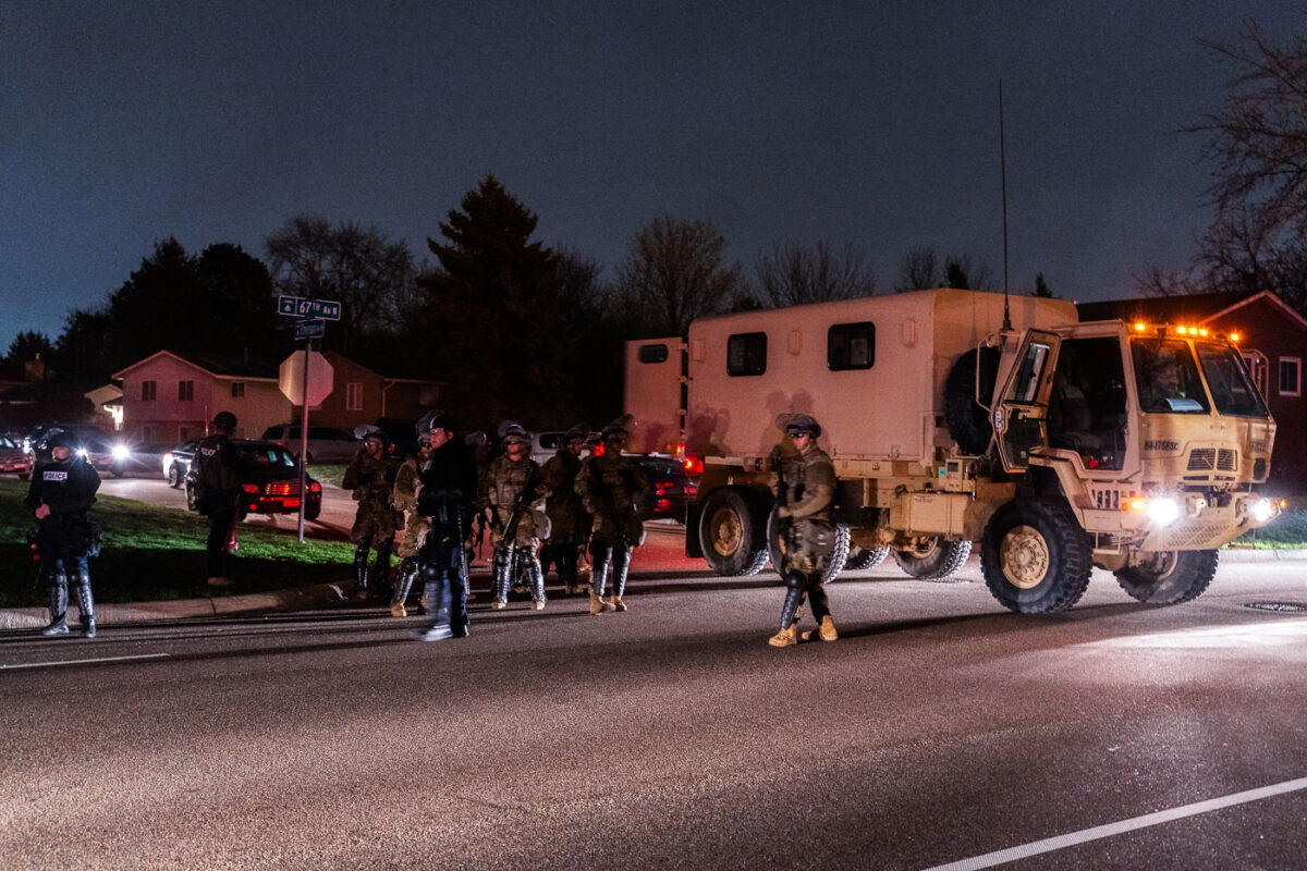 The Minnesota National Guard first arriving near the Brooklyn Center Police Headquarters during protests following the killing of Daunte Wright.