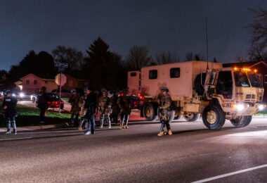 The Minnesota National Guard first arriving near the Brooklyn Center Police Headquarters during protests following the killing of Daunte Wright.