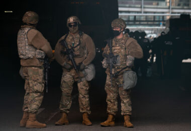 National Guard Members stand outside the Hennepin County Government Center on the day a verdict was announced in the Derek Chauvin murder trial.